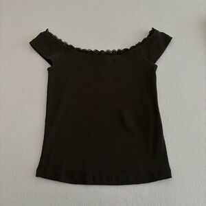 Motel Rocks Chic Olive Green Lace-Trimmed Off-Shoulder Blouse